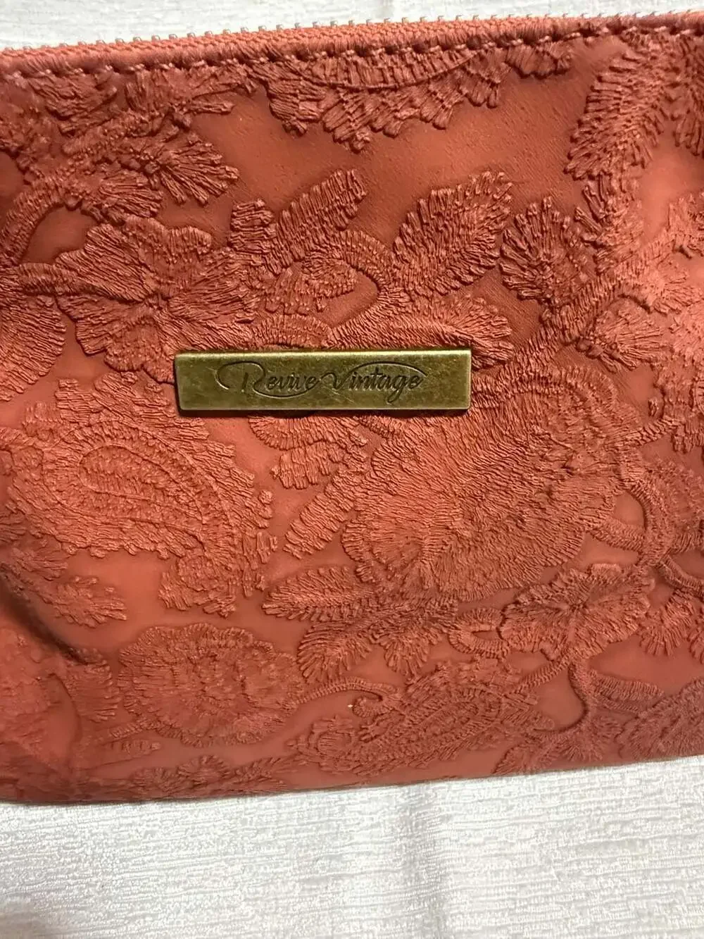 Revive Vintage Terracotta Red Floral Embossed Cosmetic Pouch Toiletry Bag